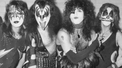 The black white image of all 4 kiss band members